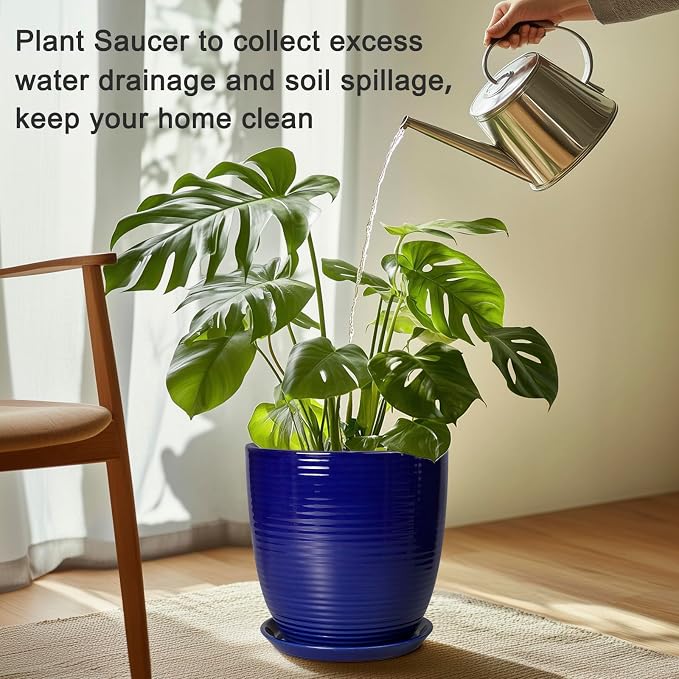 Plant Saucer for Outdoors - Ceramic Plant Saucer, 10 Inch Plant Trays for Indoors, Round Flower Pot Saucer, Large Plant Drainage Tray, Plant Plates to Catch Water Blue