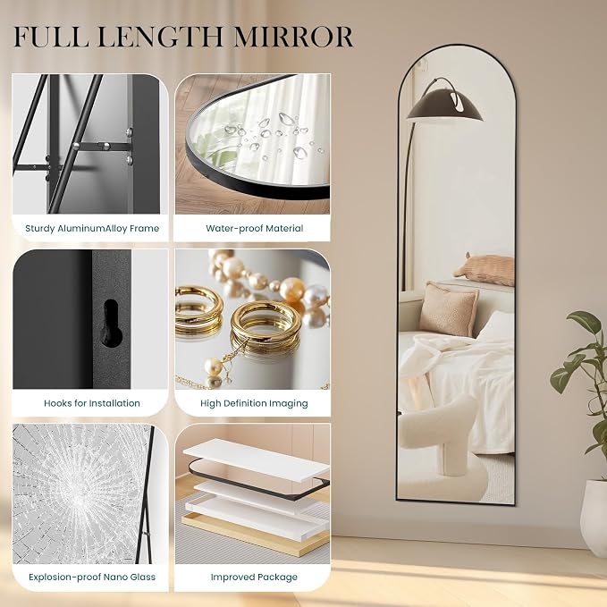 Arched Full Length Floor Mirror, 15.75"x59" Body Wall Mirror Stand | Shatter-Proof Nano Glass, Tall Standing, Hanging or Leaning, Aluminum Alloy Frame for Bedroom, Modern Home Decor, Black