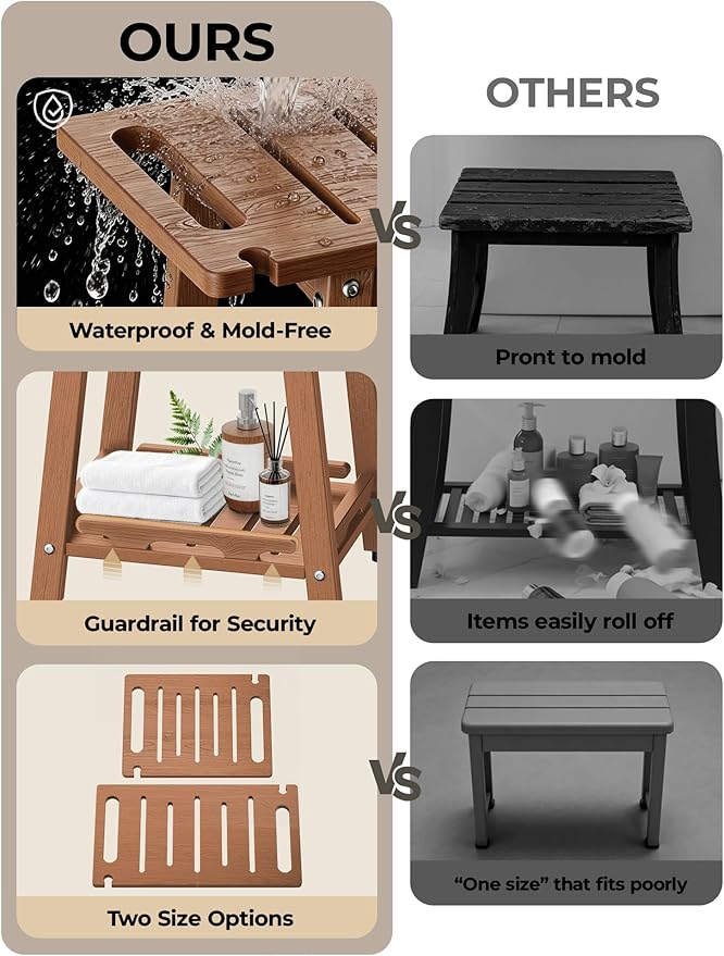 Shower Bench Seat, Non-Slip Shower Benches for Inside Shower to Sit on, HDPE Waterproof Shower Stool for Shaving Legs, Shower Chair with Adjustable Feet for Bathroom, Indoor/Outdoor Use, Teak