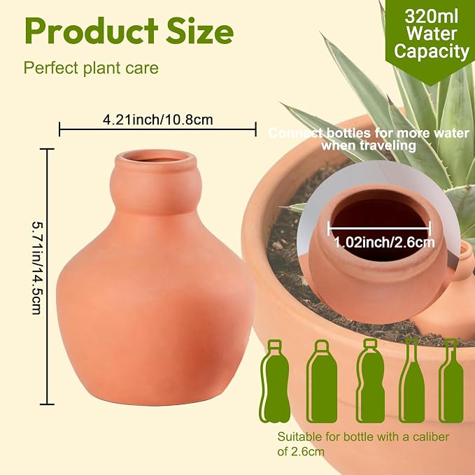 Plant Watering Devices 3 Pack Terracotta Vacation Plant Waterer Plant Self-Watering Stakes Terracotta Auto-Water Irrigation System Self Watering Devices for Indoor Outdoor Plants