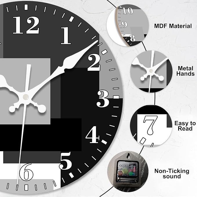 Wall Clock, Abstract Black Gray Geometric Silent Non Ticking Battery Operated Round Decorative Indoor Outdoor Clocks for Living Room Kitchen Bedroom Bathroom Patio 12"