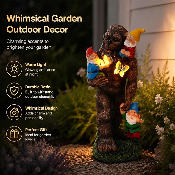 13Inch Gorilla Statue Bigfoot Holding Dwarf Sculpture with Butterfly Garden Accessories Decorative Gifts for Father's Day Bigfoot and Gnomes for Fairy Garden