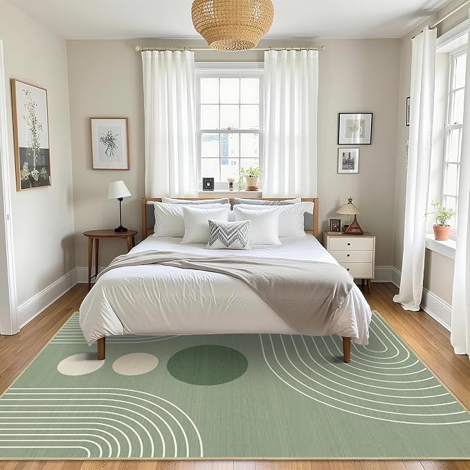 Area Rug 5x7 Boho Modern Minimalist Geometric Abstract Rug Sage Green Mid Century Modern Rug for Living Room Machine Washable Non-Slip Printed Low Pile Indoor Carpet for Bedroom Dining Room Office