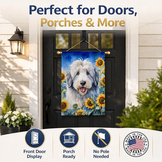 Caroline's Treasures DAC6129CHF Old English Sheepdog in Sunflowers House Flag Large Porch Sleeve Pole Decorative Outside Yard Banner Artwork Wall Hanging, Polyester, House Size, Multicolor