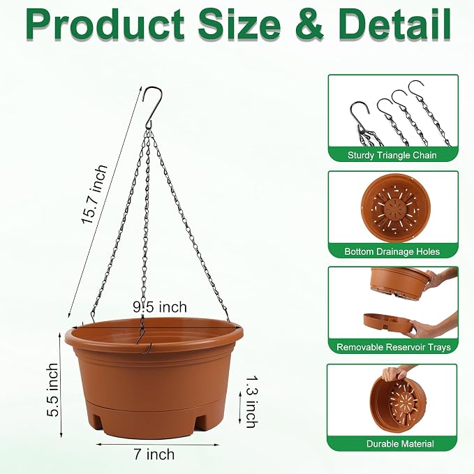 4 Pack 10 Inch Hanging Planters for Indoor Plants, Hanging Baskets for Plants Outdoor with Removable Tray, Plastic Round Hanging Flower Pots with Drainage Holes for Garden Home Decoration (Terracotta)