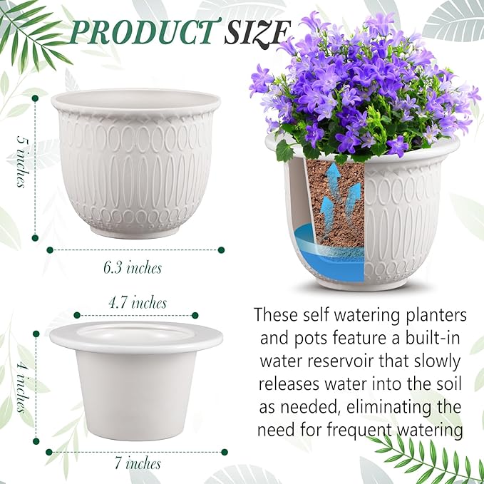 2 Set African Violet Pots Self Watering, 7 Inch White Ceramic Dolomite Clay, Easy Effortless Planter Pot for Indoor Plants Herbs Flowers Orchids Succulent, Ideal Gifts, Plant Not Included