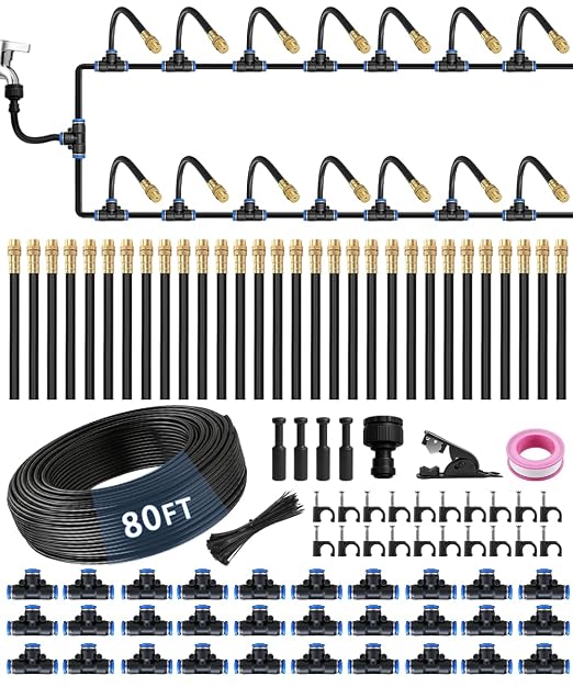 80FT 5/16" Misting Irrigation System for Garden with 30 Adjustable Nozzles | 360° Bendable Copper Nozzles, Quick Connect, Steady Flow, UV-Resistant PE Tubing & Accessories, Garden Beds& Greenhouse
