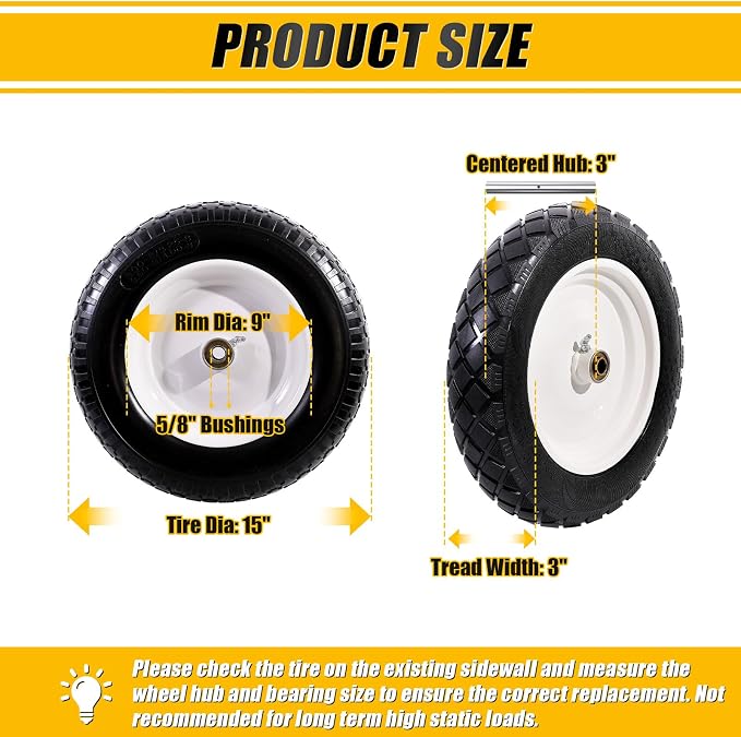 MZREXN 4.80/4.00-8" Flat Free Tire and Wheel 15" Wheelbarrow Tires | 3.00-4.00/4.80-8" Solid Tire with 5/8" & 3/4" Bearings, 3" Centered Hub for Hand Truck Garden Trailers 2PCS White