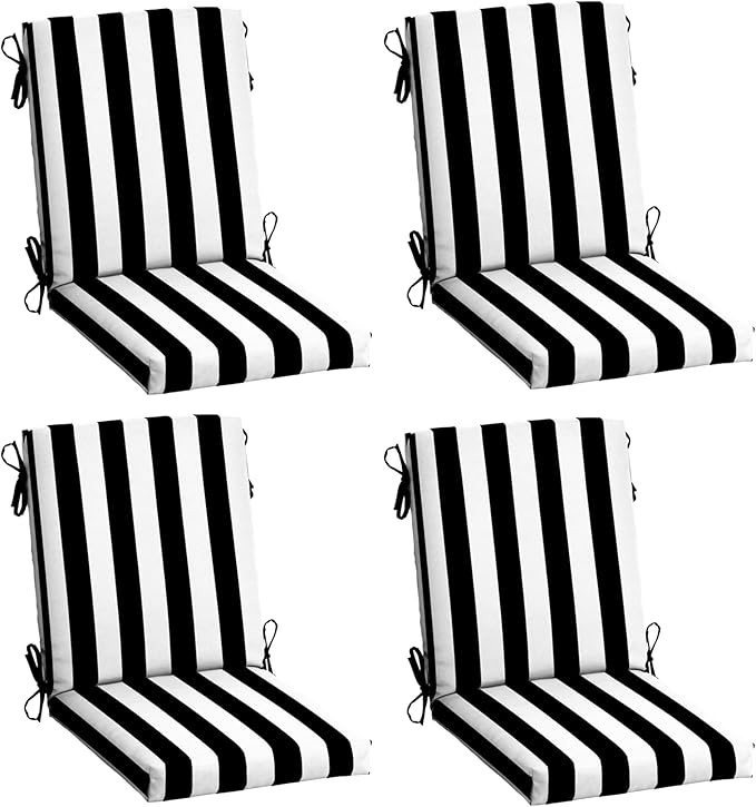 Arden 4-Pack Outdoor Patio Dining Chair Cushion, 20 x 44, Rain-Proof Seat Pad, Fade-Resistant Outdoor Cushion Black Cabana Stripe