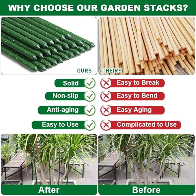 Mininfa Steel Plant Stakes 4.75 Feet, Plastic Coated Metal Garden Stakes Supports Climbing for Tomatoes, Trees, Beans, 25 Pack
