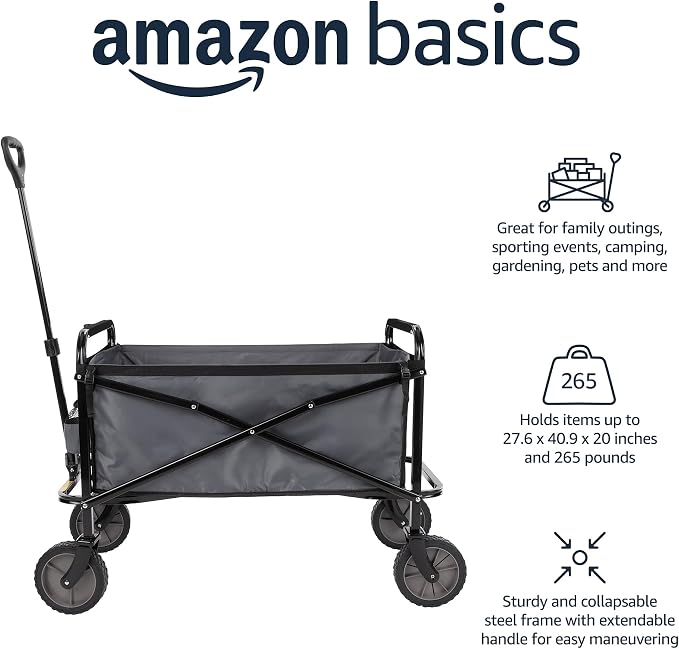 Amazon Basics Collapsible Heavy Duty Utility Wagon for Outdoor Sports, Camping, Garden, and Shopping, 265 Pounds Capacity, 27.6 x 40.9 x 20 inches, Gray