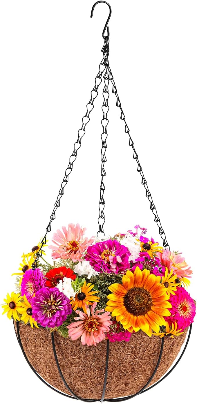 Dandat 1 Piece 14 Inch Metal Hanging Planter Basket with Coconut Coir Liner Metal Wire Plant Holder Chain Watering Outdoor Hanging Pots Flower Pot Hanger for Porch Indoor Outdoor Garden Decorations