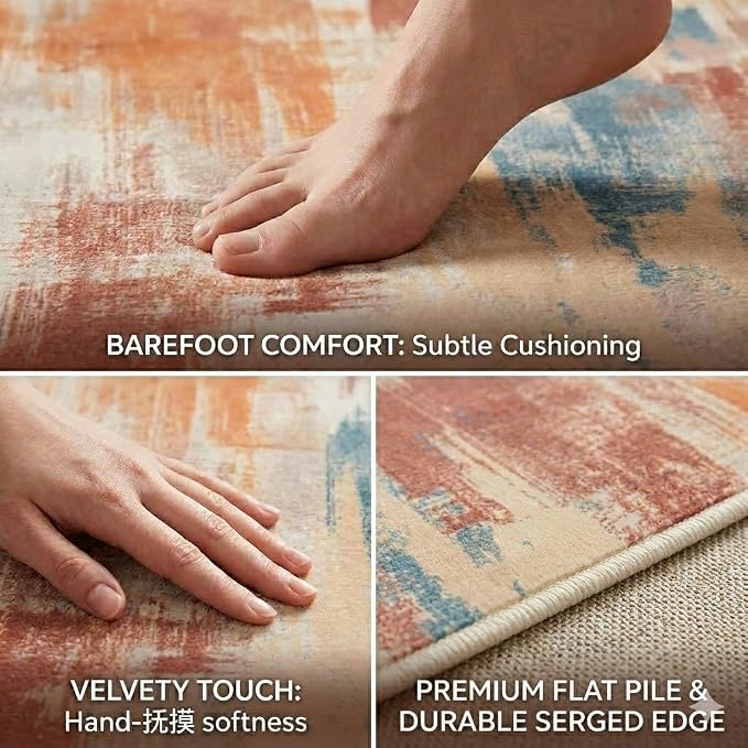 5x7 Terracotta Blue Beige Modern Abstract Brushstroke Area Rug | Washable non-slip low-pile faux cashmere rug for living rooms, bedrooms and home offices.