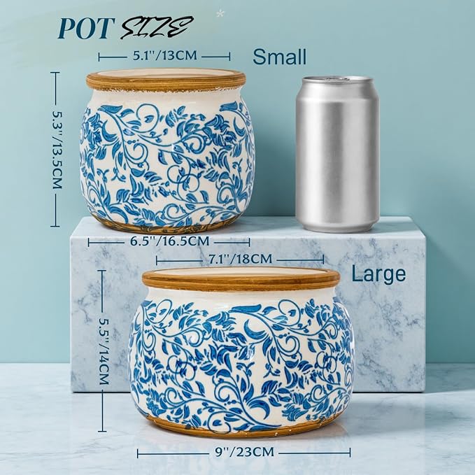 Vintage Ceramic Flower Pots - Indoor Outdoor Planters with Drainage Holes & Filter Screen, 6.5’’& 9’’ Rustic Farmhouse Decorative Plant Pots for Garden/Patio (Blue Vines, Small to Large Bundle)