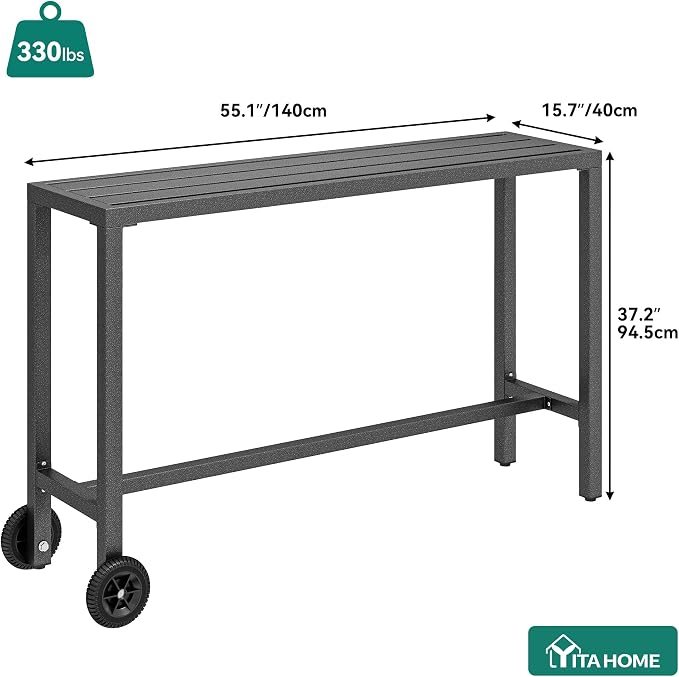 YITAHOME 55" Outdoor Bar Table, Rectangle Narrow Counter Height Table, Ideal Bar Height Table for Balcony, Patio, Garden, Yard, Poolside, Silver Bottom Texture
