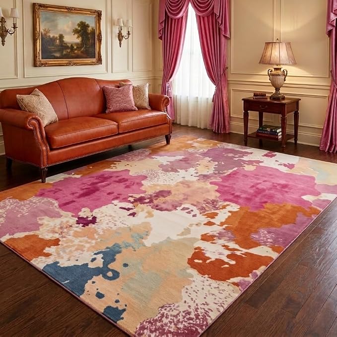 5x7 Green and Pink Modern Abstract Wavy Stripe Area Rug | Washable non-slip low-pile faux cashmere rug; ideal for living room, bedroom, nursery, and home office.