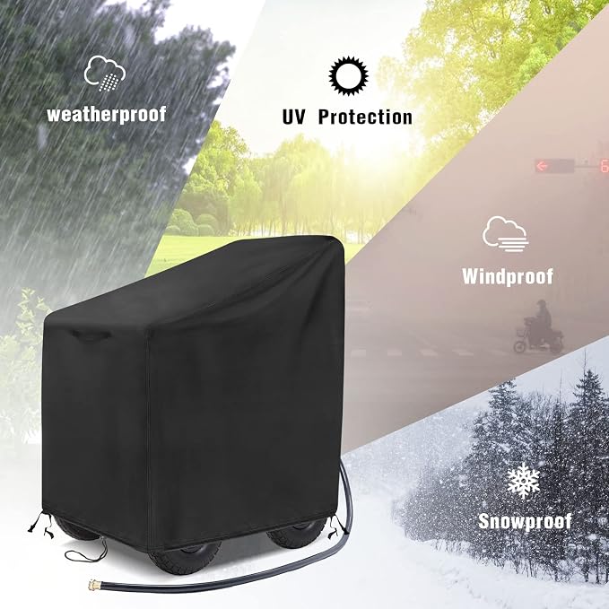 Garden Hose Reel Cart Cover, 600D Outdoor Hose Cart Covers for outside, Waterproof Hose Reel Cover, All Season Protection-30.3"L x26.3"Wx 35"H