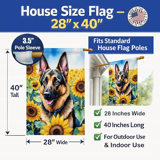 Caroline's Treasures DAC6084CHF German Shepherd in Sunflowers House Flag Large Porch Sleeve Pole Decorative Outside Yard Banner Artwork Wall Hanging, Polyester, House Size, Multicolor