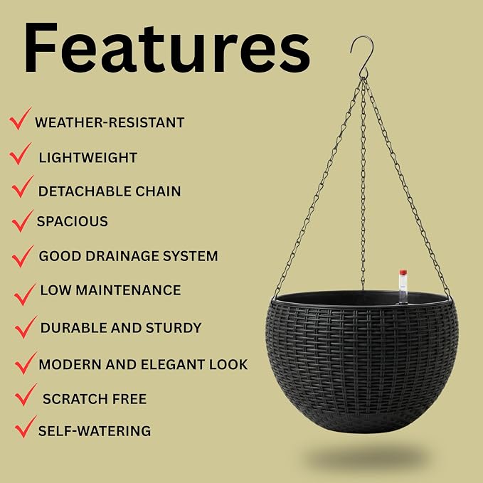 LaLaGreen Hanging Planters for Indoor Plants (11 Inch, 3 Pack) Self-Watering Round Rattan Style Hanging Flower Pots with Water Level Indicator, Black Metal Chain Baskets for Porch Garden Balcony Decor