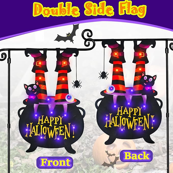 Halloween Lighted Garden Flag for Outside, Led Solar Yard Flag 8 Modes Witch Feet Shape Flag, 12x18 Double Sided Cauldron Eyeball Black Cat Decorations for Home Porch