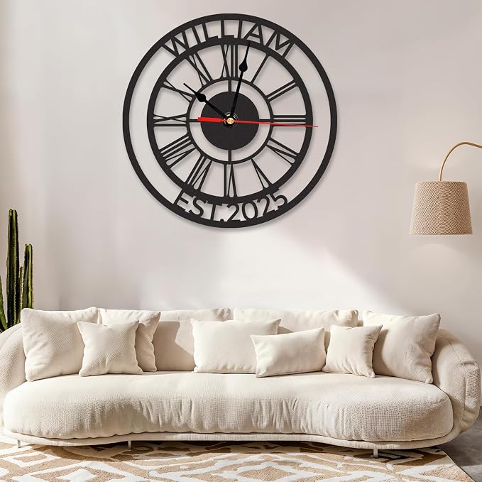 Personalized Large Outdoor Clock Waterproof, Custom Family Name Outdoor Pool Clock with Roman Numeral, Silent Vintage Modern Wall Clock Decorative for Living Room Bedroom Decor, Customized Gifts
