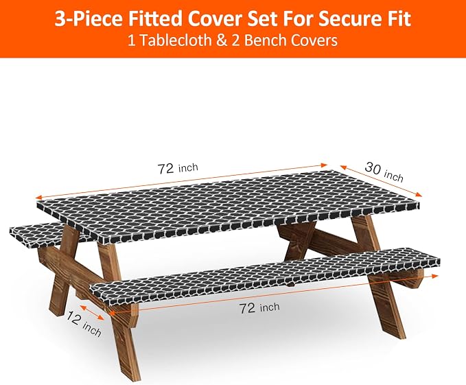 6ft Picnic Table and Bench Cover, Camping Essentials RV Gear, 72 in Waterproof Windproof Outdoor Elastic All Around Tablecloth, Fitted Rectangle Tables and Seats, Black-White Moroccan