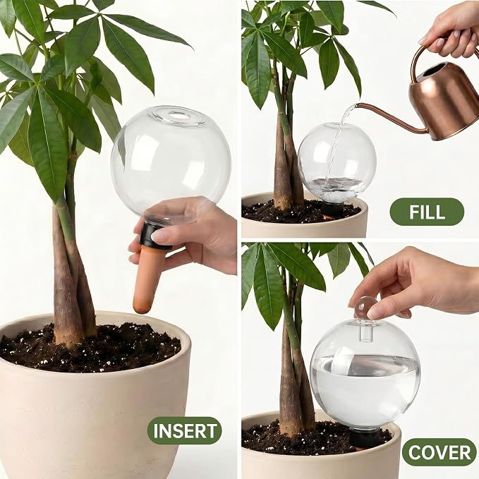 EX-Large Plant Watering Globes with Cover 26oz Top Fill Plastic Water Bulbs Self Watering Planter Inser, Slow Release Terracott, Plant Watering Devices for Plants, 4 Pack