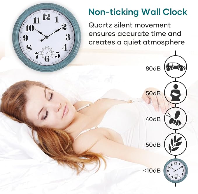 Outdoor Clock Waterproof 14 Inch Outdoor Clocks with Thermometer Combo Wall Clock Battery Operated Non-Ticking Green Clocks for Patio Pool