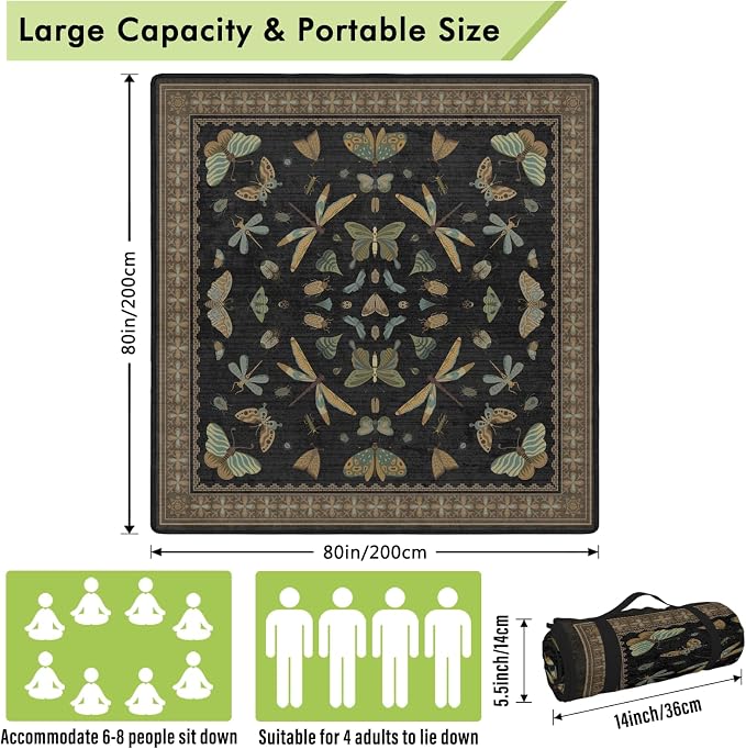 Butterfly Picnic Blankets Waterproof Foldable, 80″X80″ Extra Large Picnic Mat Outdoor Blanket for Grass,Vintage Packable Beach Blanket Sandproof Picnic Accessories for Camping Music Festival Park Lawn