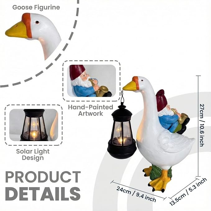 Goose Figurine with Solar Lantern Goose Lamp Decor Gnome Garden Statue Outside Outdoor Yard Housewarming Gifts for Mom Women Grandma
