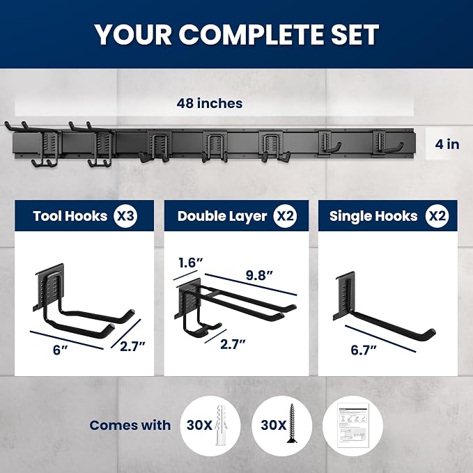 48'' All-Metal Garage Tool Organizer Wall Mount Heavy-Duty Tool Rack Holds 450 lbs, Adjustable Hooks for Garage, Yard, and Garden Equipment