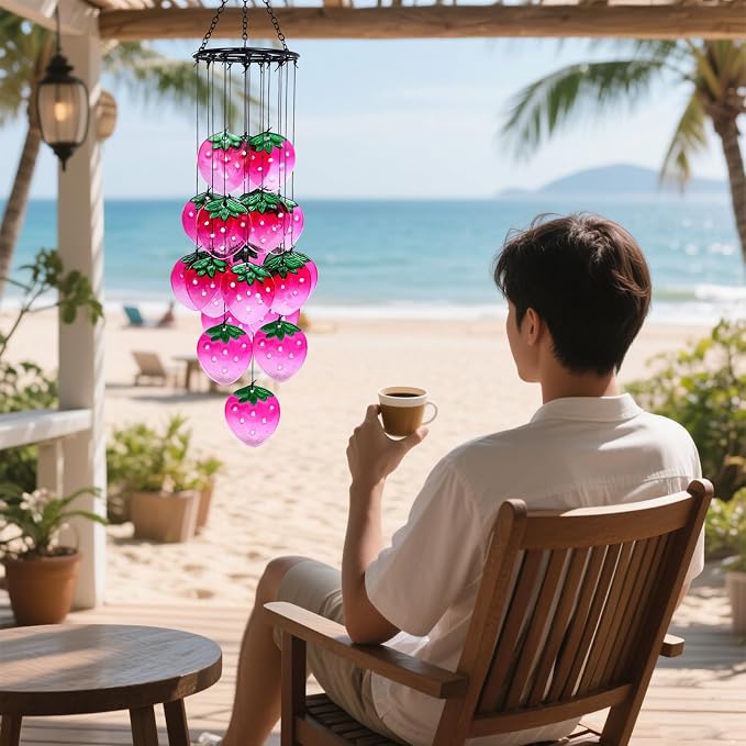 Glass Strawberry Wind Chimes - Hand-Painted Glass Strawberry Suncatcher for Window,Outdoor Garden Decor,Colorful Strawberry Ornaments Hanging Wall Art for Patio,Unique Memorial Gifts for Women & Mom
