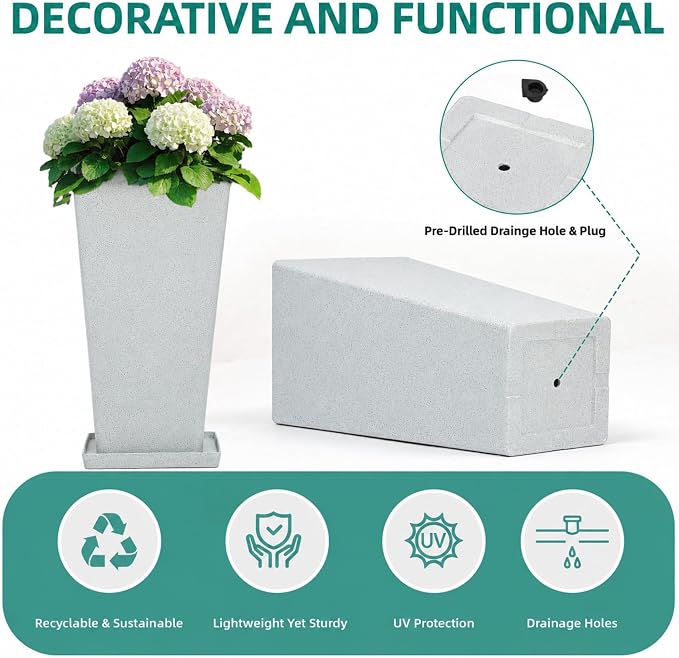 Autodaya 28" Tall Planters for Outdoor Plants, Extra-Large White Flower Pots for Blaconl, Porch, Living Room Corner, Garden, Patio, Deck Decor