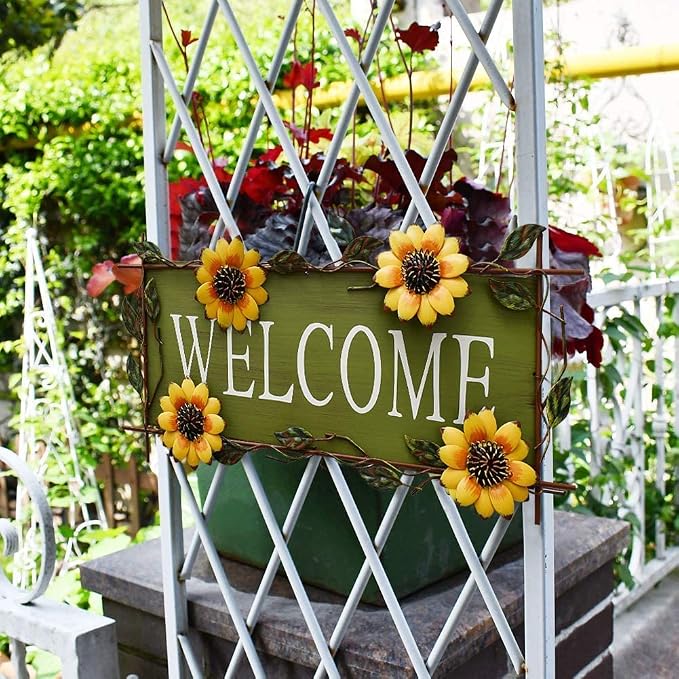 Morning View Metal Sunflower Welcome Sign Hanging Flower Wall Decor Door Sign Decorative Wall Plaque Outdoor Garden Porch Yard Home Decor 16.5X8 Inch