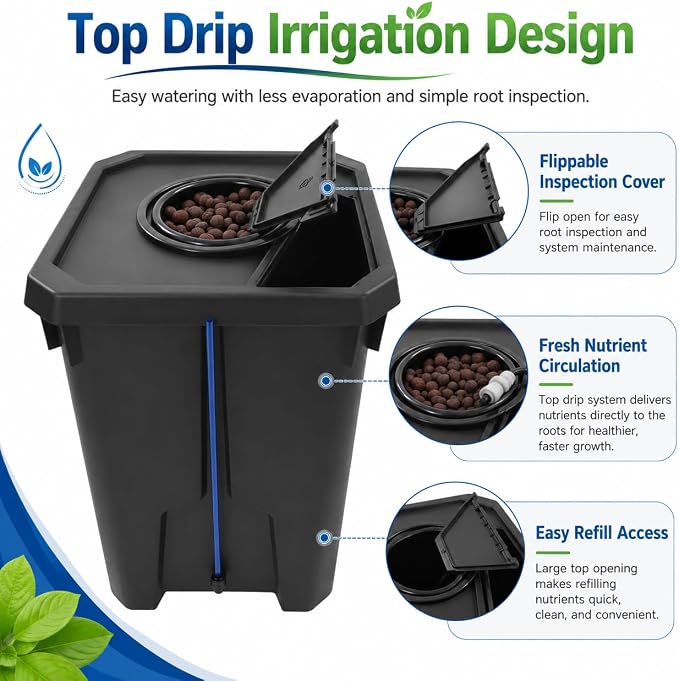 2Pcs Deep Water Culture Bucket System, 7 Gallon Hydroponics Growing System Kit with Flippable Inspection Cover, Recirculating Drip Garden System with Air Pump&Clay Pebbles for Indoor Outdoor Plants