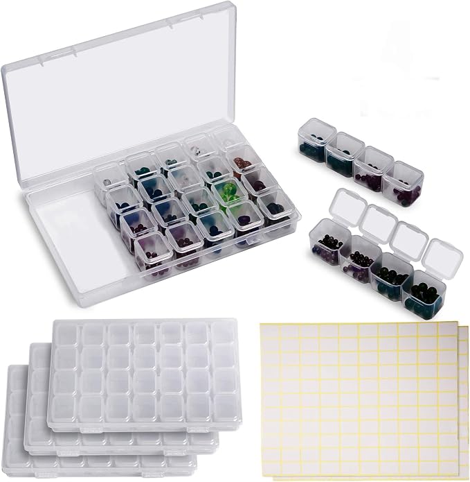 KINJOEK 4 Pack 28 Grids Diamond Paint Storage Boxes, 112 Slots Plastic Bead Organizer Containers with Labels, Movable Dividers Diamond Bead Painting Art Case for Cross Stitch Accessories Supplies