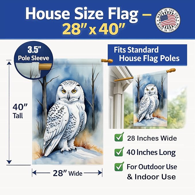 Caroline's Treasures Snowy Owl House Flag Large Porch Sleeve Pole Decorative Outside Yard Banner Artwork Wall Hanging, Polyester, House Size, Multicolor