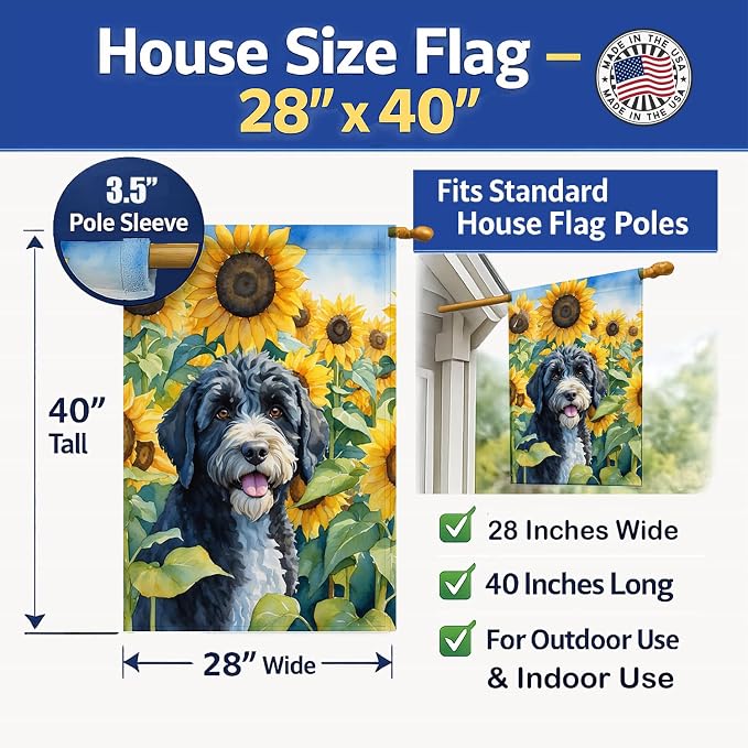 Caroline's Treasures DAC6143CHF Portuguese Water Dog in Sunflowers House Flag Large Porch Sleeve Pole Decorative Outside Yard Banner Artwork Wall Hanging, Polyester, House Size, Multicolor