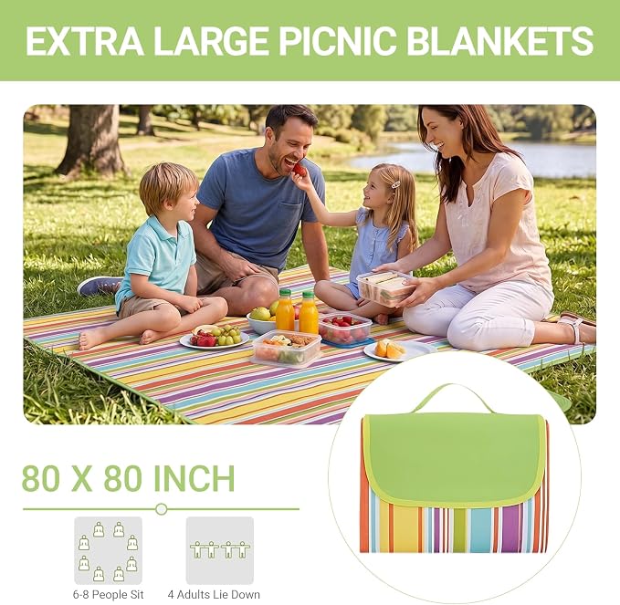 Waterproof Foldable Picnic Blanket Outdoor with Carry Strap,80"x80" Extra Large Beach Blanket Sandproof,Portable Soft Gingham Picnic Mat for Camping Travel Hiking Family Concerts Park(Yellow)