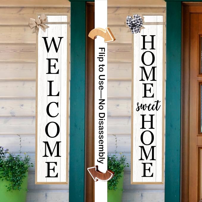 Outdoor 2in1 Welcome Sign for Front Door Home Sweet Home Sign for Farmhouse Tall Outdoor Front Porch Standing 2 Sided 45"X9" Large Vertical Leaner Rustic Outside Decor (Wood White)