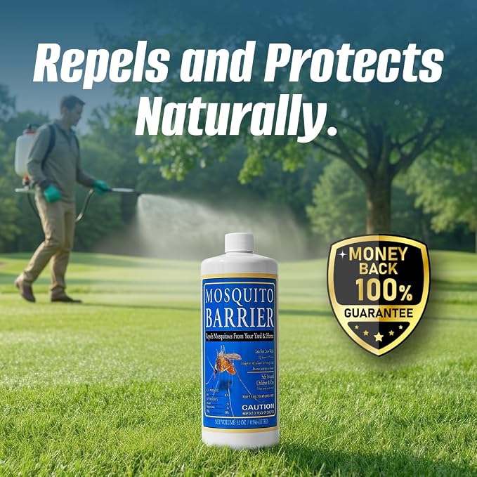 Mosquito Barrier Liquid Garlic Mosquito Repellent Concentrate, 32 fl oz (2 Pack) – Professional Outdoor Treatment for Lawns, Landscapes & Perimeter Areas – Yard & Home Mosquito Protection