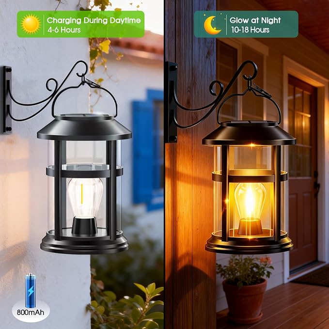 GARPAR Solar Lanterns Outdoor Waterproof, Hanging Solar Lights with Hook | Wall Mount Kit, Brighter LED, 1000mAh Battery, Bigger Solar Panel, Auto On/Off, for Garden, Yard, Patio, Porch Decor