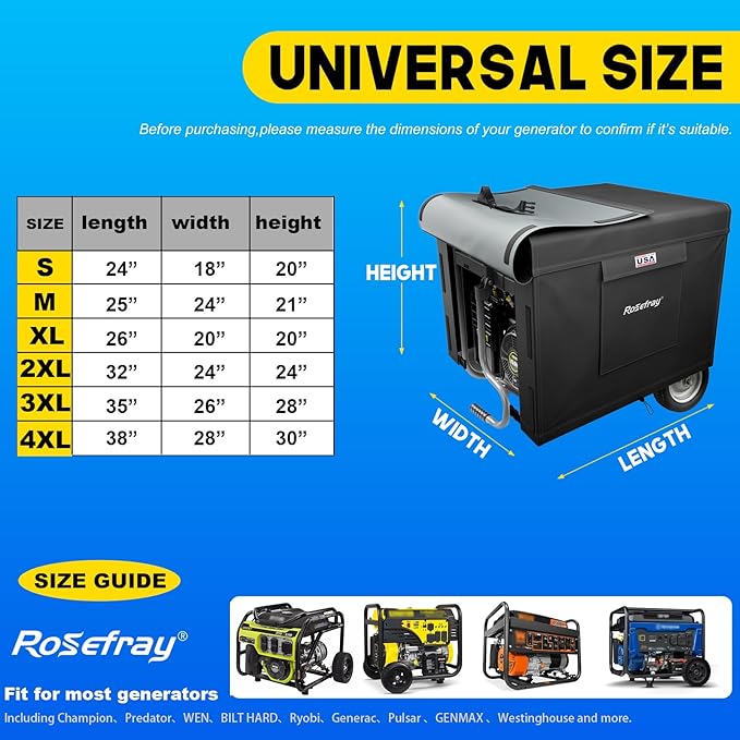 Generator Cover-25”Lx24”Wx21”H,600D Heavy Duty Waterproof, Small Outside Equipment Cover for Champion,Predator,WEN,Ryobi,Generac,Westinghouse Portable Generator 3000-5000W-Black/M
