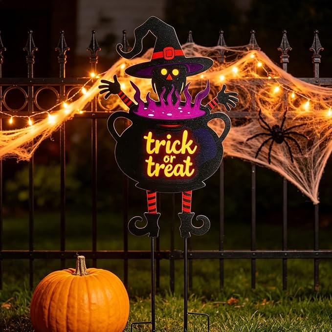 Witch Halloween Decorations Cauldron 39.7" with Trick or Treat Sign | Large Halloween Yard Stakes Metal for Garden, Lawn, and Outdoor Spooky Yard Decorations