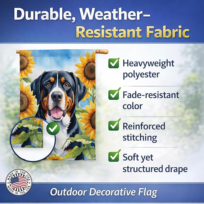 Caroline's Treasures DAC6094CHF Greater Swiss Mountain Dog in Sunflowers House Flag Large Porch Sleeve Pole Decorative Outside Yard Banner Artwork Wall Hanging, Polyester, House Size, Multicolor