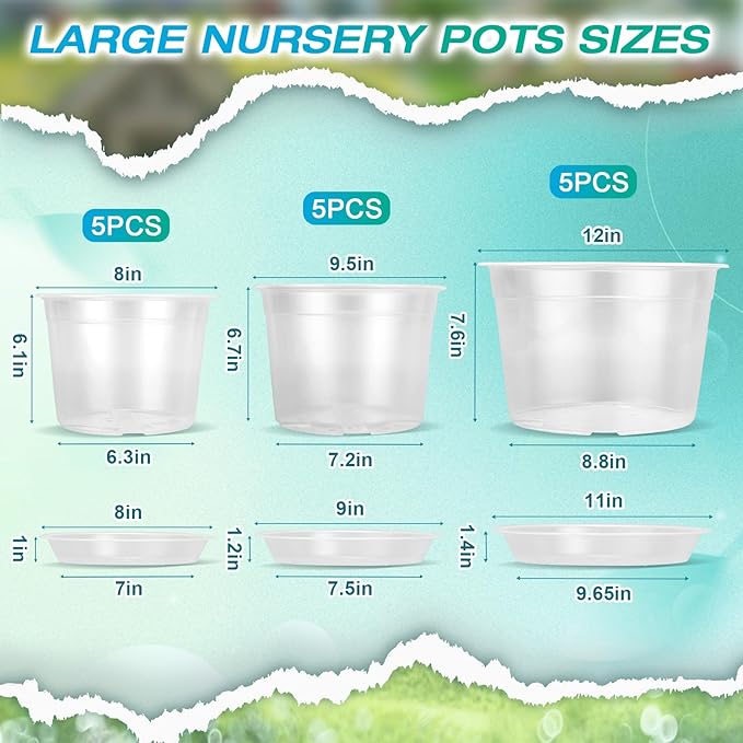 8/10/12 Inch Clear Nursery Pots with Drainage and Sacuers, 15 Pack Plastic Pots for Plants Indoor Outdoor, Variety Large Clear Pots for Flowers, Succulents (8/10/12inx5pcs)