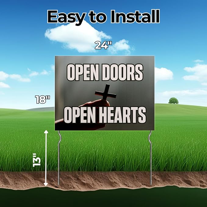 Open Doors - Open Hearts! Yard Sign by DC | 24"x18" Double Sided Church Garden Sign with 13” Metal Stakes | Outdoor Signs Waterproof for Lawn, Patio, Sidewalk & House | Set of 3 | Made in USA