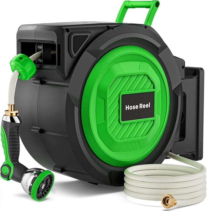 Retractable Garden Hose Reel, 5/8 in x 100 ft Heavy Duty Wall-Mounted Hose Reel with 180° Swivel Bracket, 10-Pattern Nozzle, Automatic Slow Rewind System, Any Length Lock for outside Watering,Cleaning