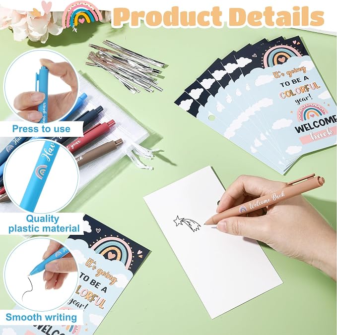 Marspark 30 Set Boho Welcome Back to School Gifts Bulk Rainbow Ballpoint Pens and Greeting Cards Set with Bags Twist Ties First Day of School Gifts for Teacher Student Classroom Party Favors Supplies