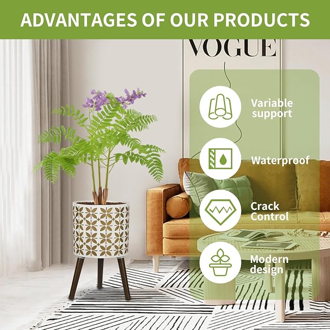 nacltlo12 Inch Planter with Stand, Plant Stand Indoor, Plant pots, Modern Mid-Century,Large Flower Planter Pot with Drainage Holes for Outdoor,White and xGold